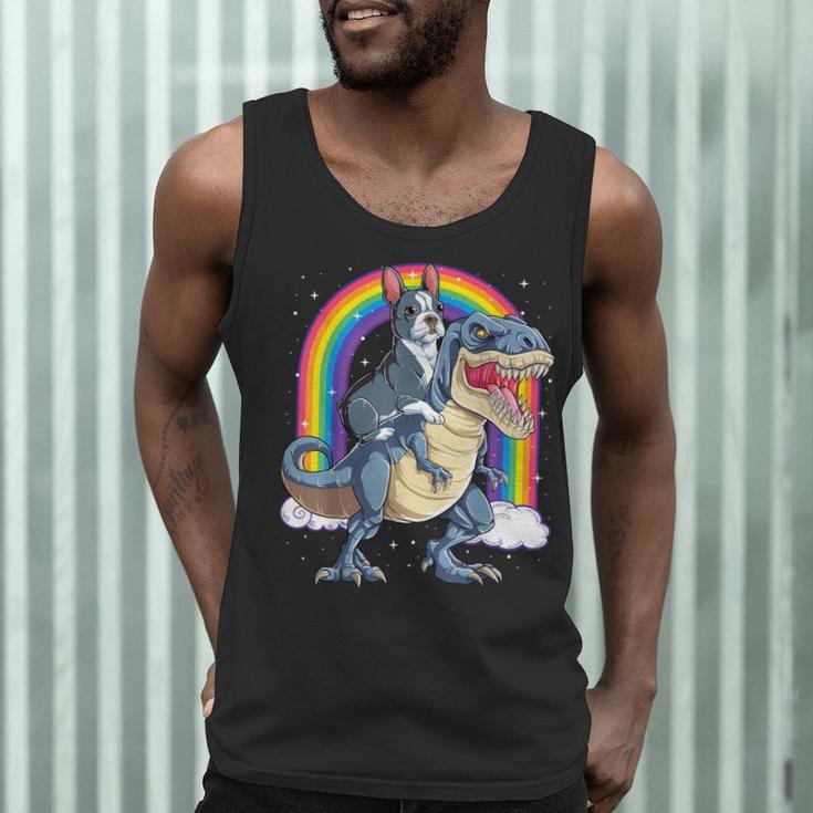 Boston Terrier Riding Dinosaur T-Rex Boys Kids Rainbow Men Tank Top, novelty gifts, funny gifts