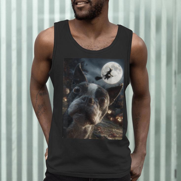 Boston Terrier Selfie Full Moon Flying Witch Halloween Dog Men Tank Top, novelty gifts, funny gifts