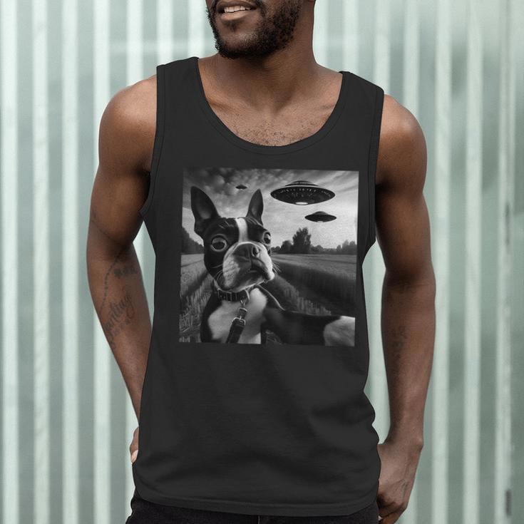 Boston Terrier Graphic Selfie With UFOs Weird Aliens Men Tank Top, novelty gifts, funny gifts