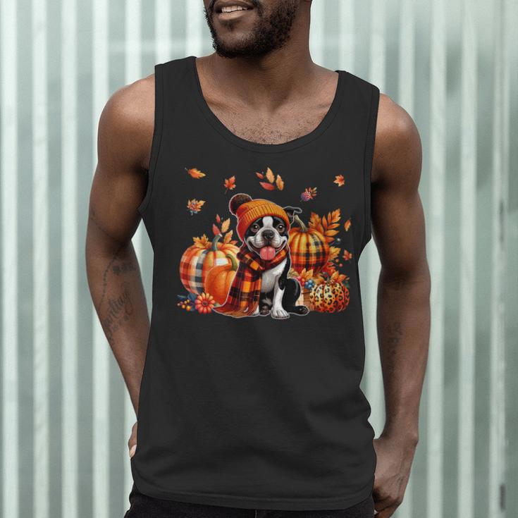 Boston Terrier Thanksgiving Leopard Pumpkins Fall Leaves Men Tank Top, novelty gifts, funny gifts