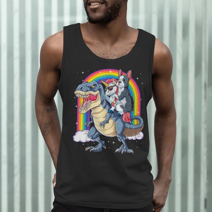Boston Terrier Unicorn Riding Dinosaur T-Rex Girls Rainbow Men Tank Top, novelty gifts, funny gifts