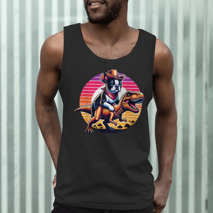 Boston Terrier Wearing A Cowboy Hat On T-Rex Men Tank Top, novelty gifts, funny gifts