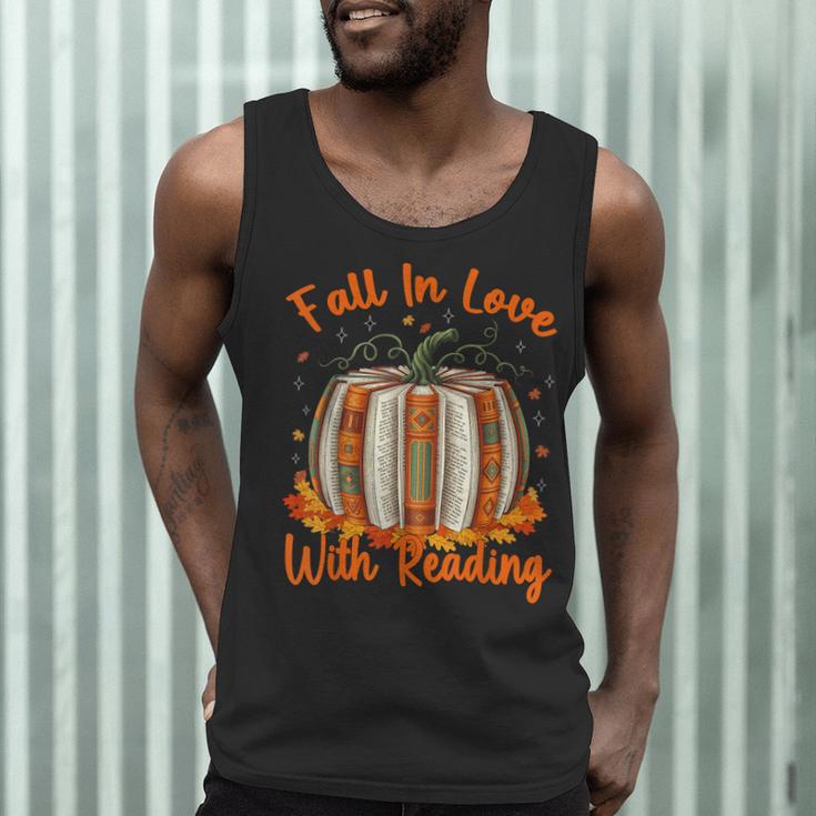 Fall In Love With Reading Pumpkin Autumn Librarians Teacher Men Tank Top, novelty gifts, funny gifts