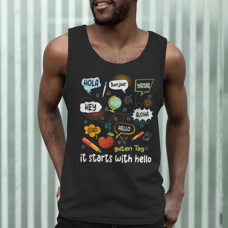 Friendship Inclusion Language Teacher It Starts With Hello Men Tank Top, novelty gifts, funny gifts Friendship Inclusion Language Teacher It Starts With Hello Men Tank Top, novelty gifts, funny gifts