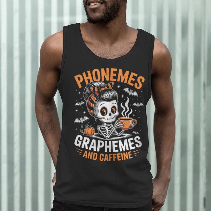 Halloween Skeleton Teacher Phonemes Graphemes Caffeine Lover Men Tank Top, novelty gifts, funny gifts Halloween Skeleton Teacher Phonemes Graphemes Caffeine Lover Men Tank Top, novelty gifts, funny gifts