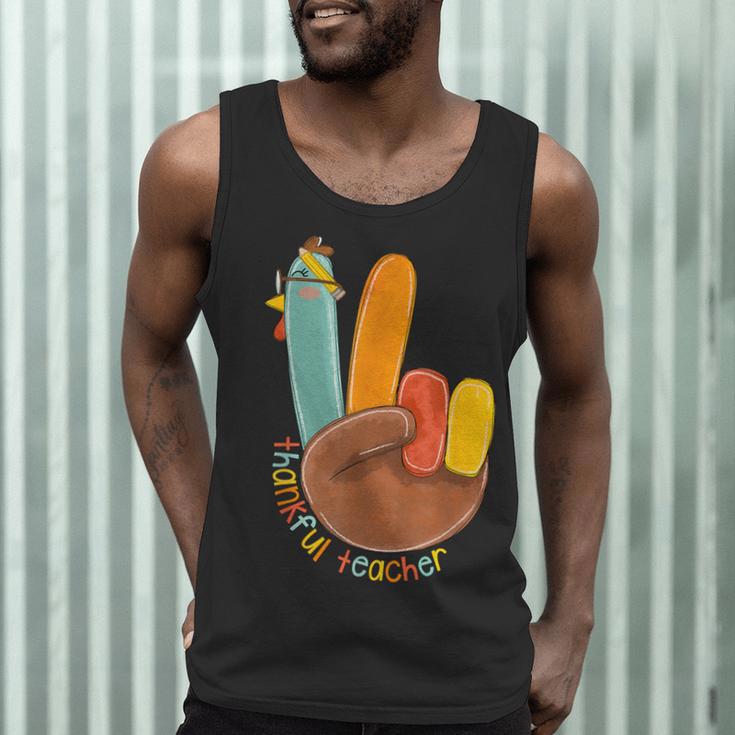 One Thankful Teacher Thanksgiving Turkey Peace Hand Sign Men Tank Top, novelty gifts, funny gifts