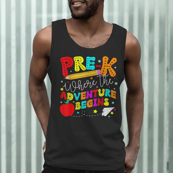 Pre-k Where The Adventure Begins First Day Of Prek Teacher Men Tank Top, novelty gifts, funny gifts Pre-k Where The Adventure Begins First Day Of Prek Teacher Men Tank Top, novelty gifts, funny gifts