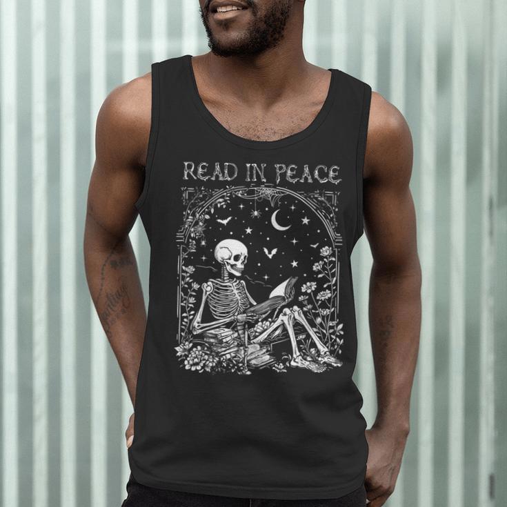 Read In Peace Skeleton Reading Teacher Spooky Halloween Men Tank Top, novelty gifts, funny gifts