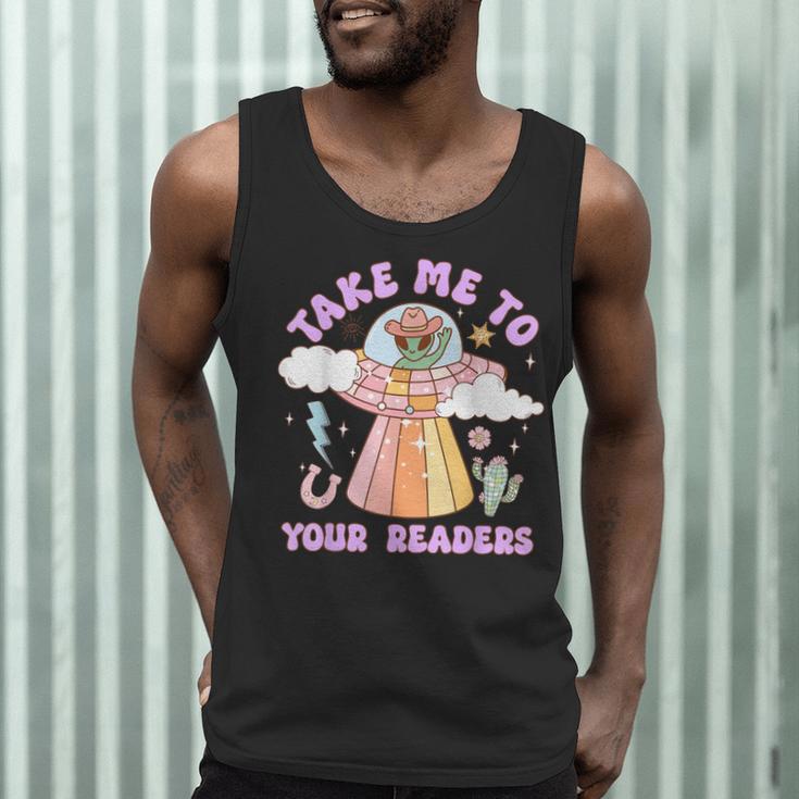 Take Me To Your Readers Alien Teacher Halloween Literacy Men Tank Top, novelty gifts, funny gifts