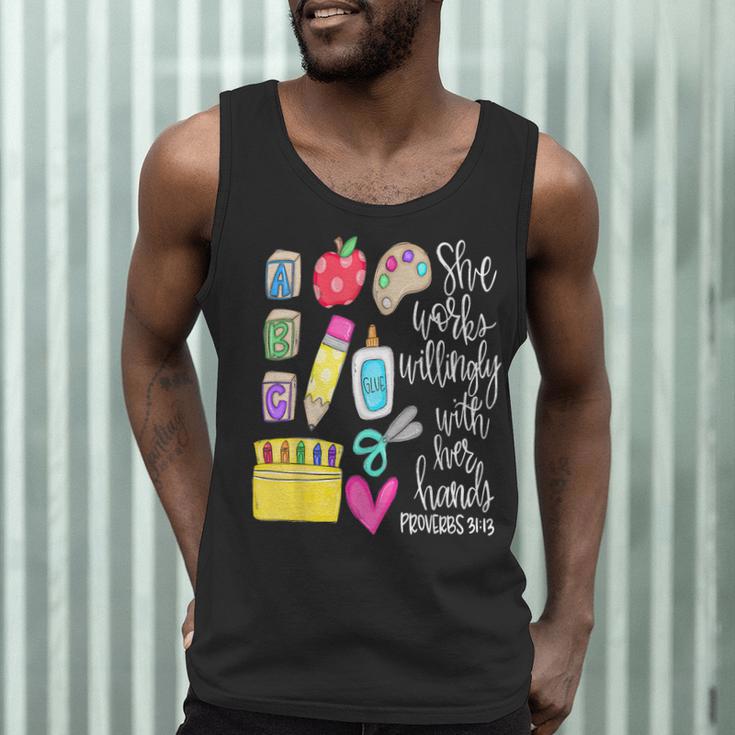 She Works Willingly With Her Hands Proverbs Daycare Teacher Men Women Men Tank Top, novelty gifts, funny gifts