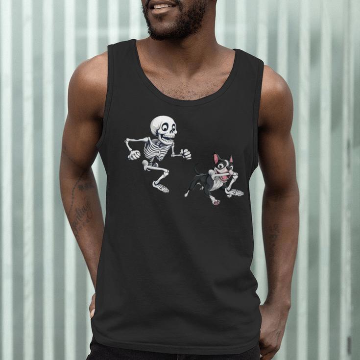Skeleton Chasing Dog Boston Terrier Halloween Pet Lover Men Tank Top, novelty gifts, funny gifts