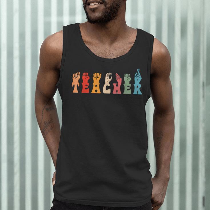 Teacher Word In Sign Language Awareness ASL Back To School Men Tank Top, novelty gifts, funny gifts Teacher Word In Sign Language Awareness ASL Back To School Men Tank Top, novelty gifts, funny gifts