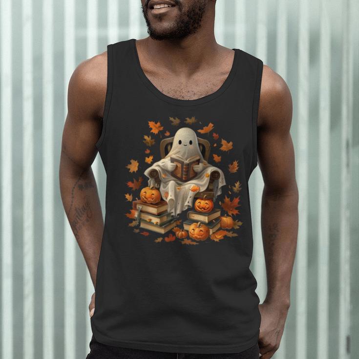 Vintage Ghost Book Reading Pumpkin Gothic Halloween Teachers Men Women Kids Men Tank Top, novelty gifts, funny gifts