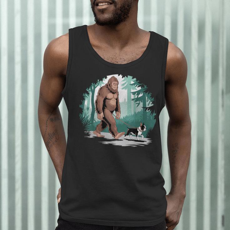 Whimsical Forest Adventures Sasquatch Bigfoot Walking Boston Terrier Dog Lovers Men Tank Top, novelty gifts, funny gifts