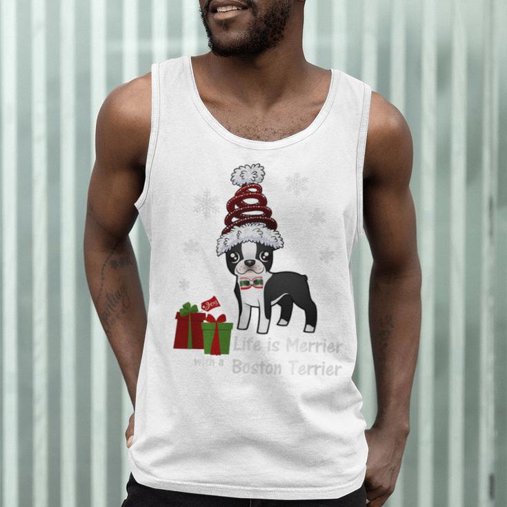 Boston Terrier Christmas T Shirt-Life Is Merrier Premium Tri-Blend Men Tank Top, novelty gifts, funny gifts