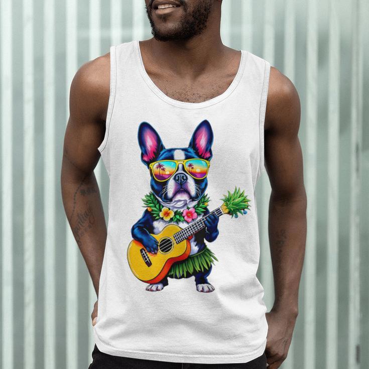 Hawaiian Boston Terrier & Pineapple Ukulele Summer Vacation Men Tank Top, novelty gifts, funny gifts