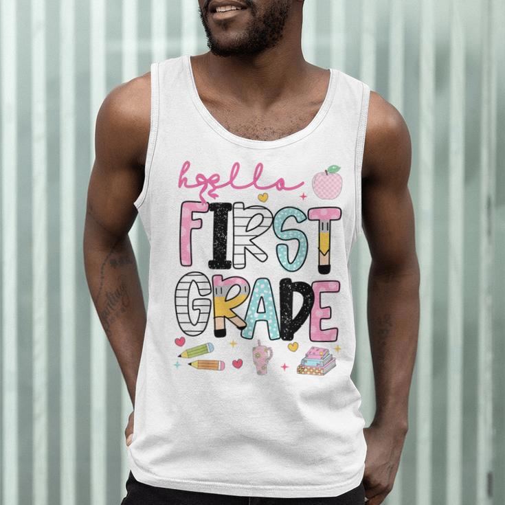 Hello First Grade Teacher Coquette Pencil Bow Back To School Men Tank Top, novelty gifts, funny gifts Hello First Grade Teacher Coquette Pencil Bow Back To School Men Tank Top, novelty gifts, funny gifts