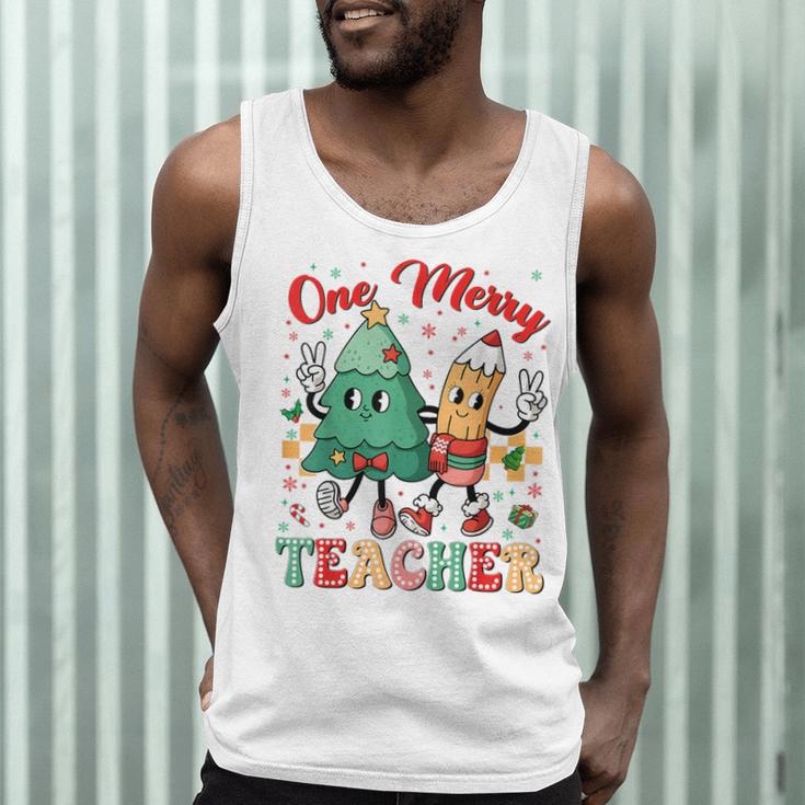 One Merry Teacher Groovy Christmas Tree Pjs Xmas Teacher Men Tank Top, novelty gifts, funny gifts