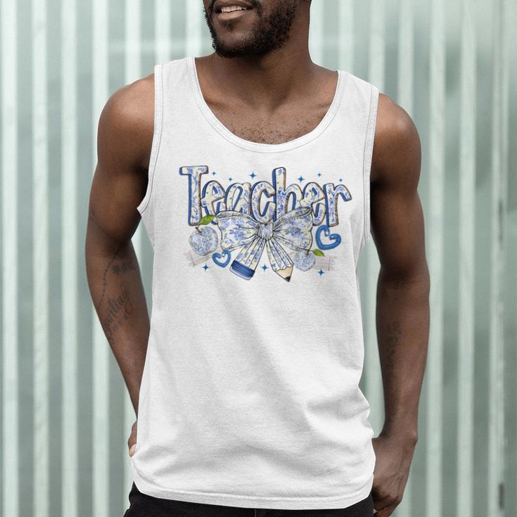 Teacher Blue Chinoiserie Coquette Bow Heart Teacher Life Men Tank Top, novelty gifts, funny gifts