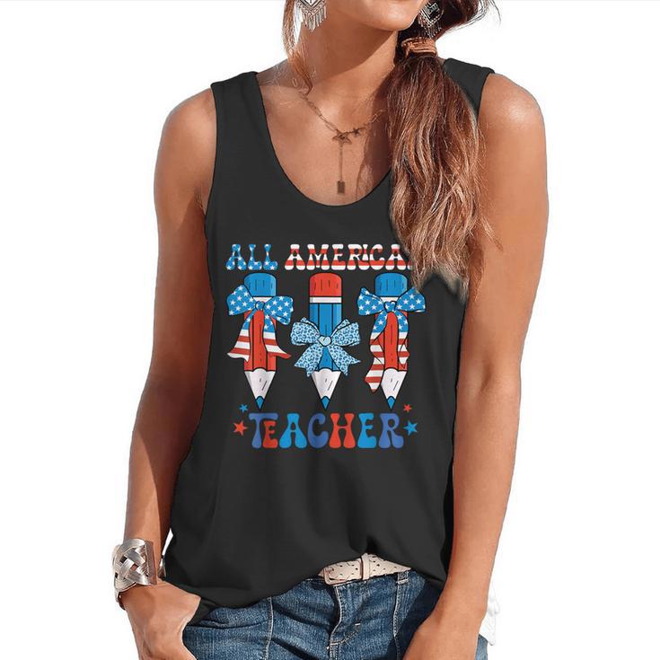 All American Teacher Pencil Coquette Bow USA Flag Teachers Flowy Tank