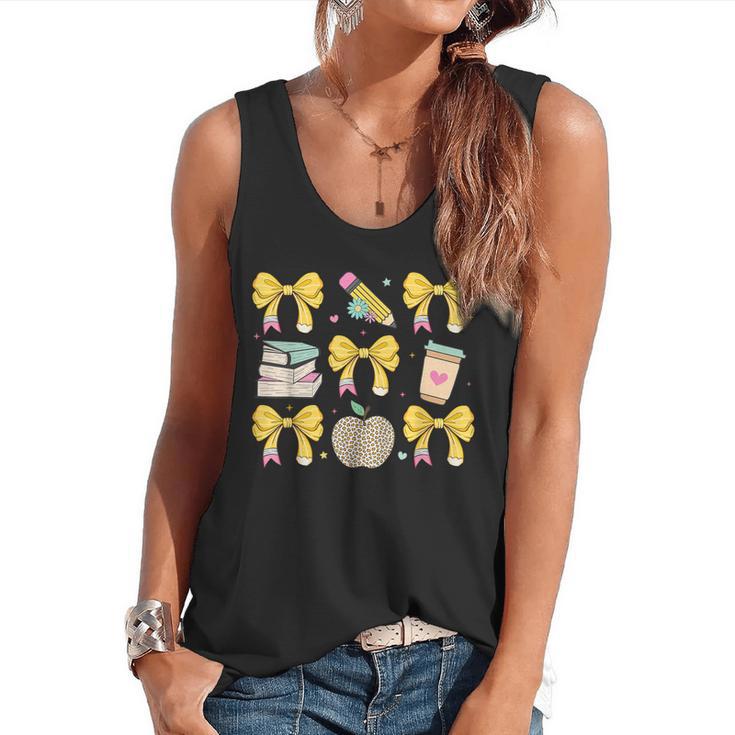 Back To School Yellow Bows Book Coffee Leopard Apple Teacher Flowy Tank