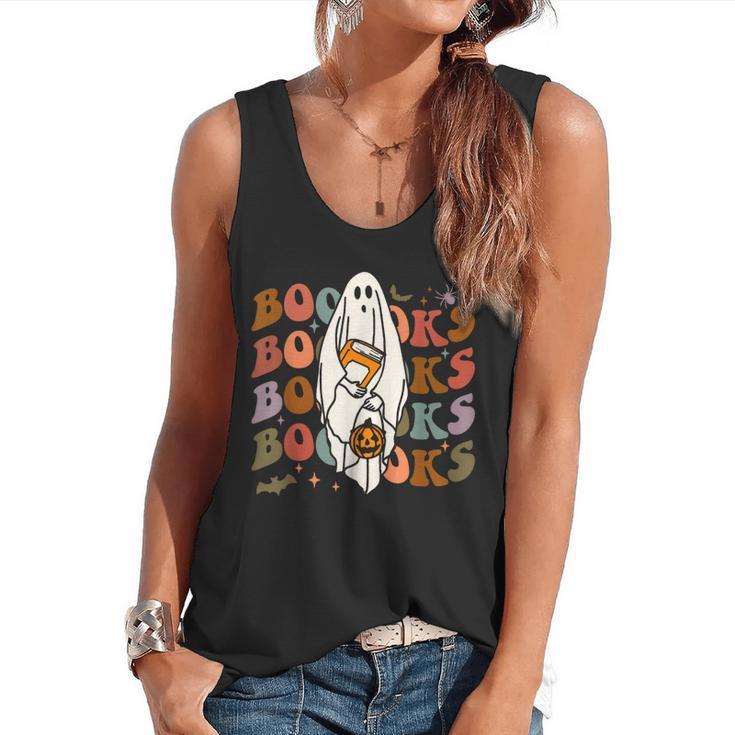 Booooks Ghost Halloween Groovy Vintage Teacher Book Reading Flowy Tank