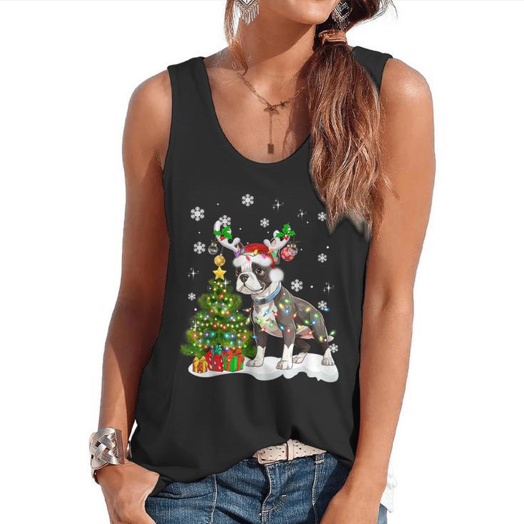 Boston Terrier Christmas Tree Lights Santa Hat Flowy Tank
