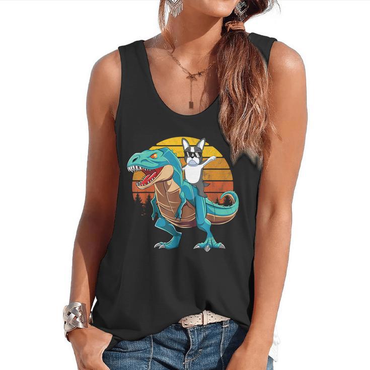 Boston Terrier Dog Riding Dinosaur T Rex Boys Flowy Tank