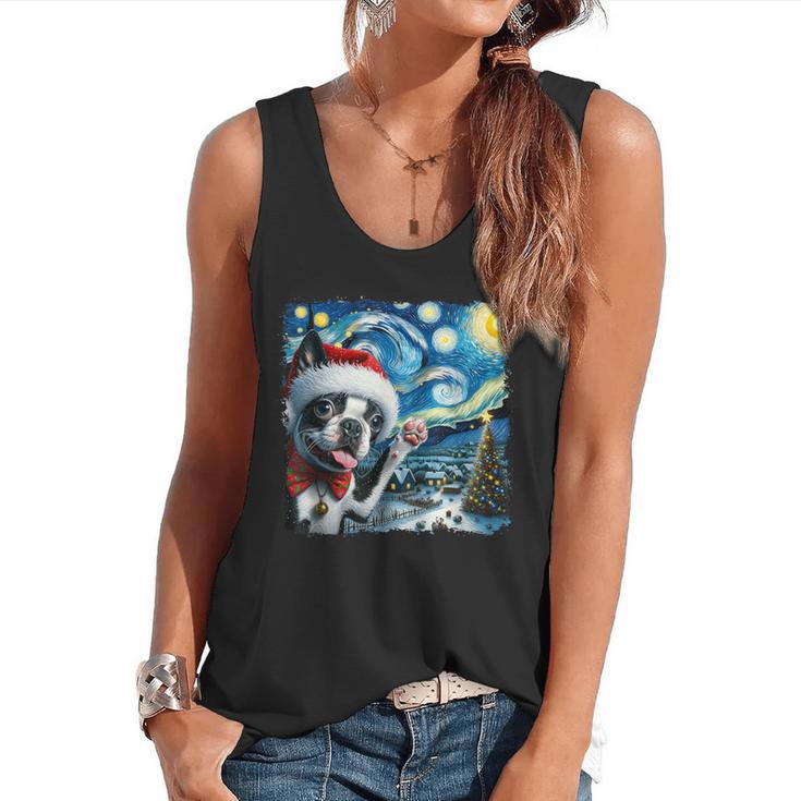 Boston Terrier Santa Starry Night Van Gogh Christmas Dog Men Women Kids Flowy Tank