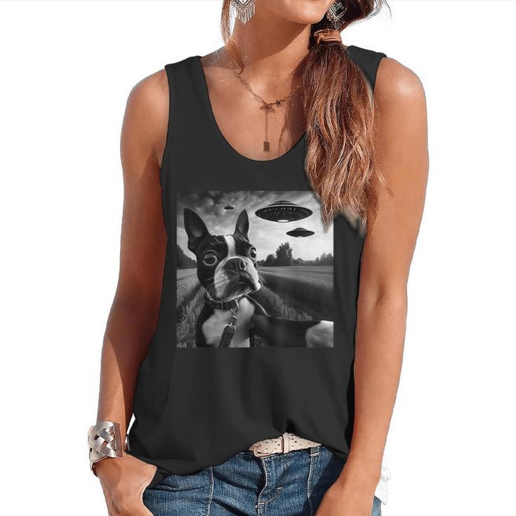 Boston Terrier Graphic Selfie With UFOs Weird Aliens Flowy Tank