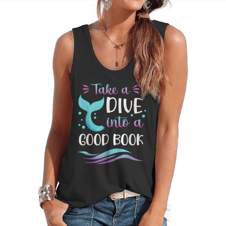 Cute Mermaid Librarian Teacher Dive Into A Good Book Reading Flowy Tank