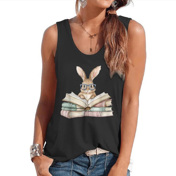 Cute Reading Bunny Glasses Books Bookworm Reader Teacher Flowy Tank