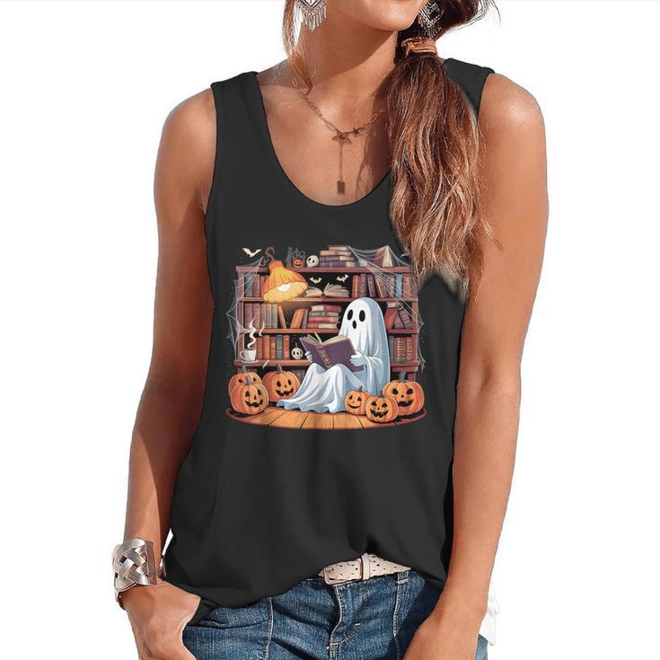 Ghost Book Reading Halloween Books Lover Teacher Flowy Tank