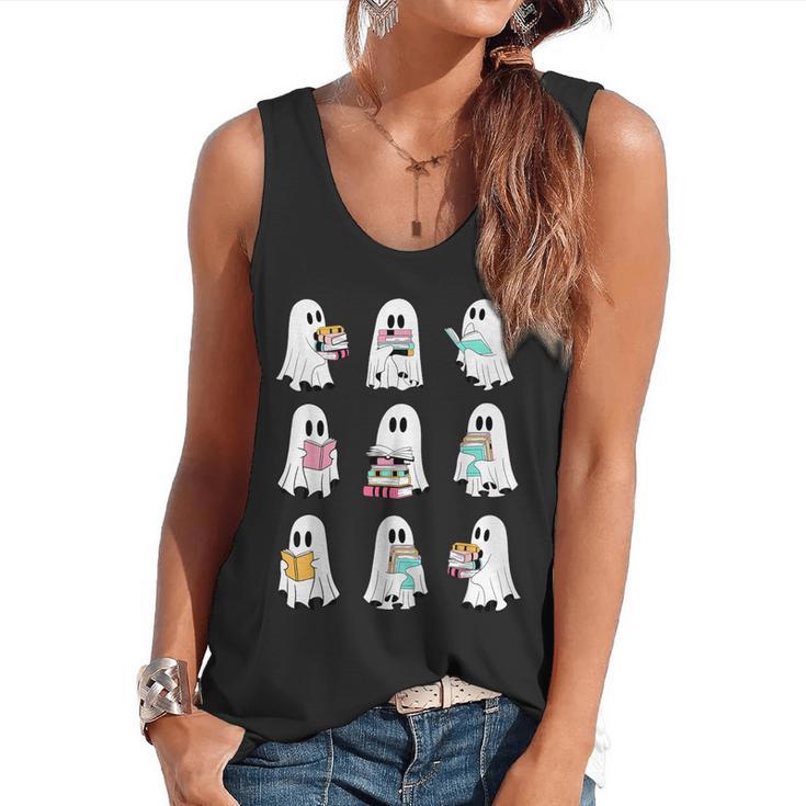 Ghost Reading Books Spooky Librarian Teacher Women Flowy Tank