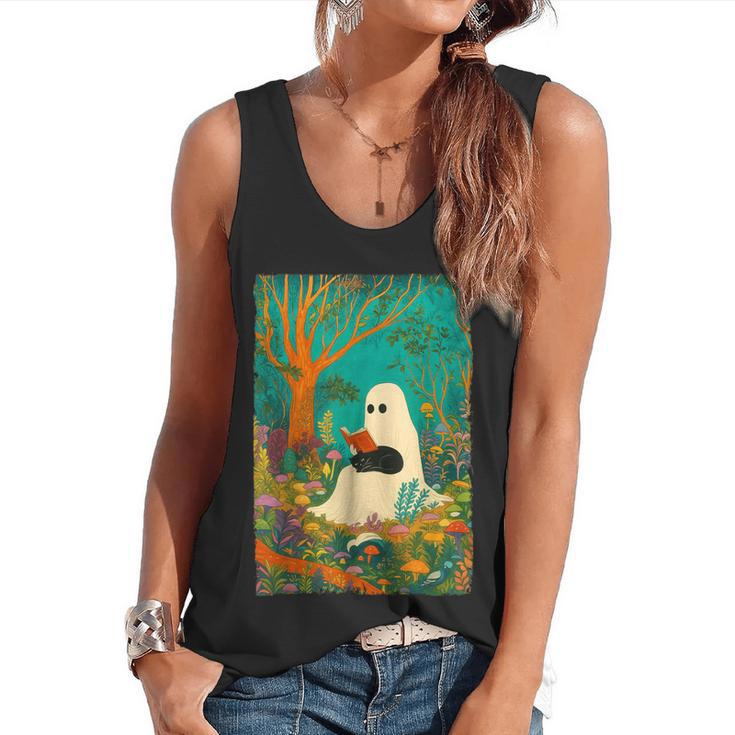 Groovy Ghost Reading Book Cat Halloween Ghost Teacher Flowy Tank