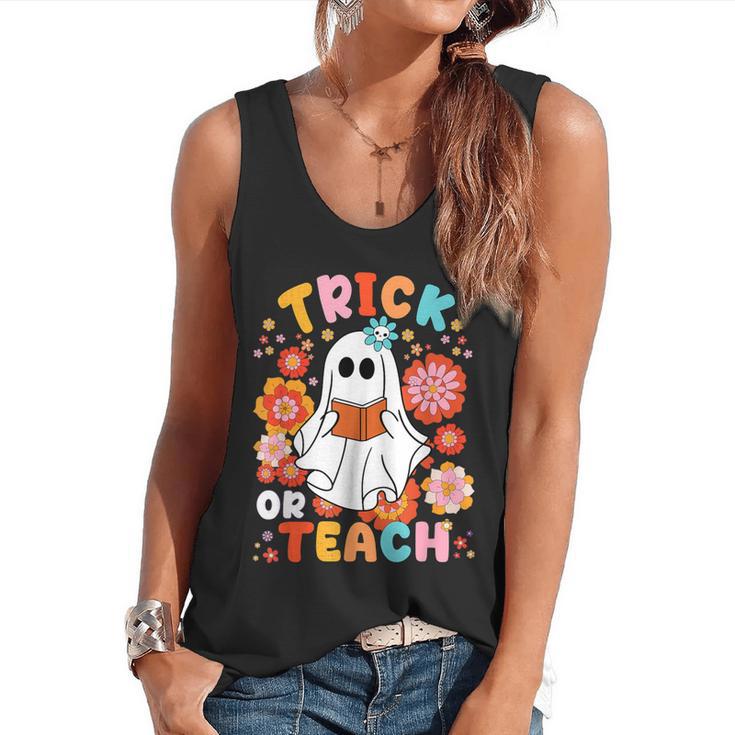 Groovy Halloween Trick Or Teach Retro Floral Ghost Teacher For Men Women Kids Flowy Tank