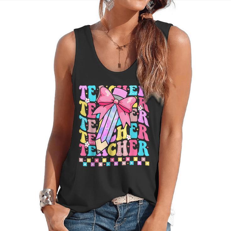 Groovy Teacher Cute Coquette Bow Flower Retro Back To School Flowy Tank