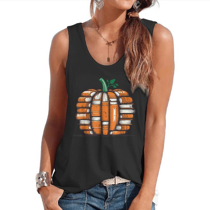 Halloween Books Pumpkin Reading Teacher Fall Men Women Flowy Tank