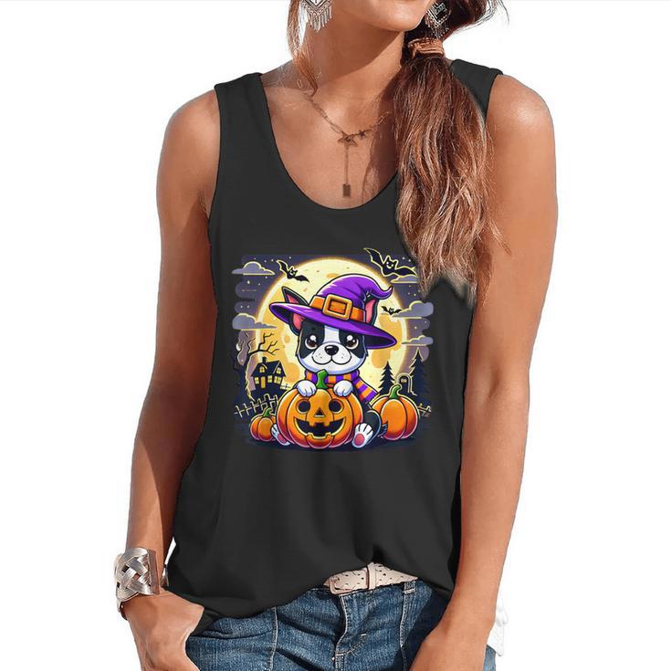Halloween Boston Terrier Dog Breed With Jack O' Lantern Art Flowy Tank