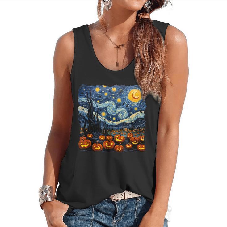 Halloween Pumpkin Starry Night Van Gogh Art Teacher Flowy Tank