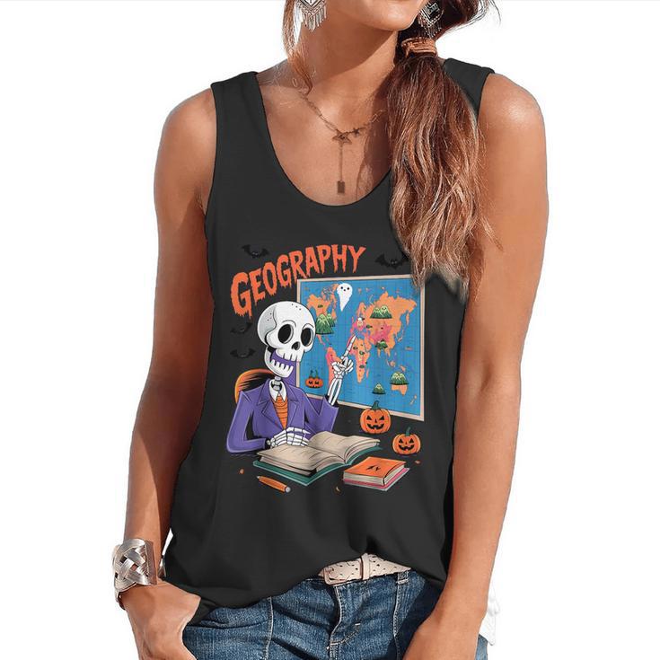 Halloween Skeleton Geography Teacher Pumpkin Bats Classroom Flowy Tank