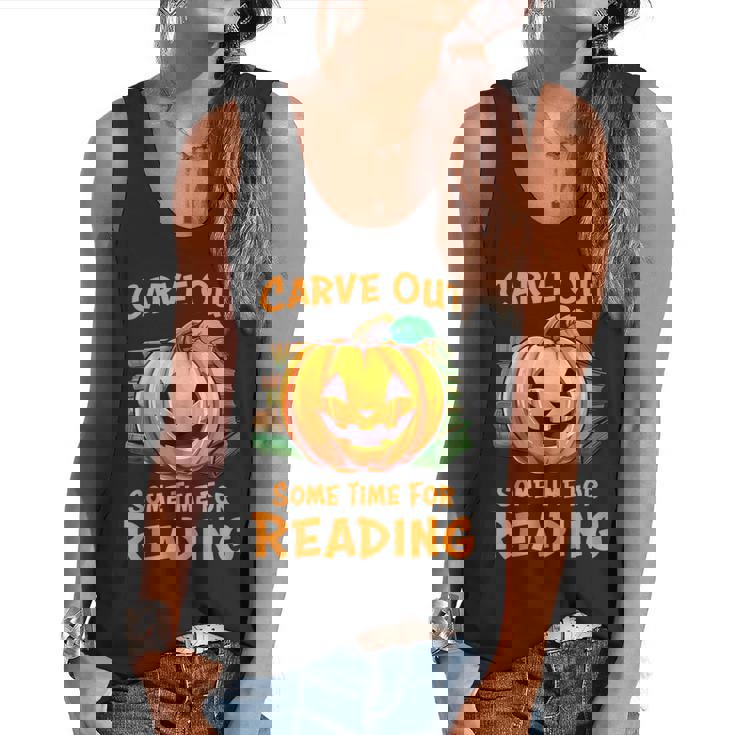 Halloween Teacher Librarian Pumpkin Reading Books Men Women Kids Flowy Tank