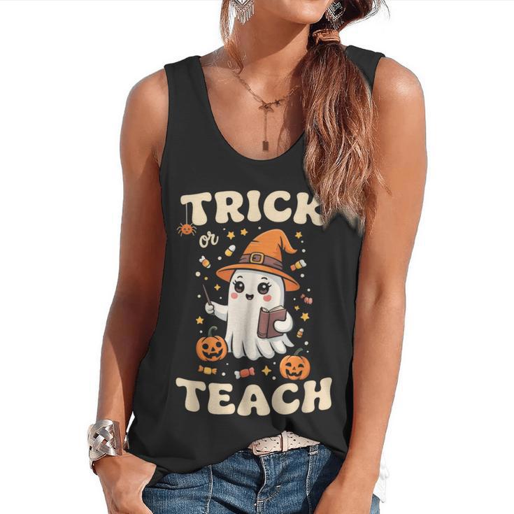Halloween Teacher Shirts Women School Trick Or Teach Groovy Flowy Tank