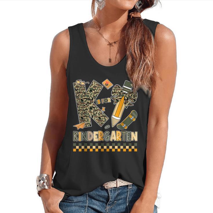 K Is For Kindergarten Teacher Coquette Bow Camo Flowy Tank