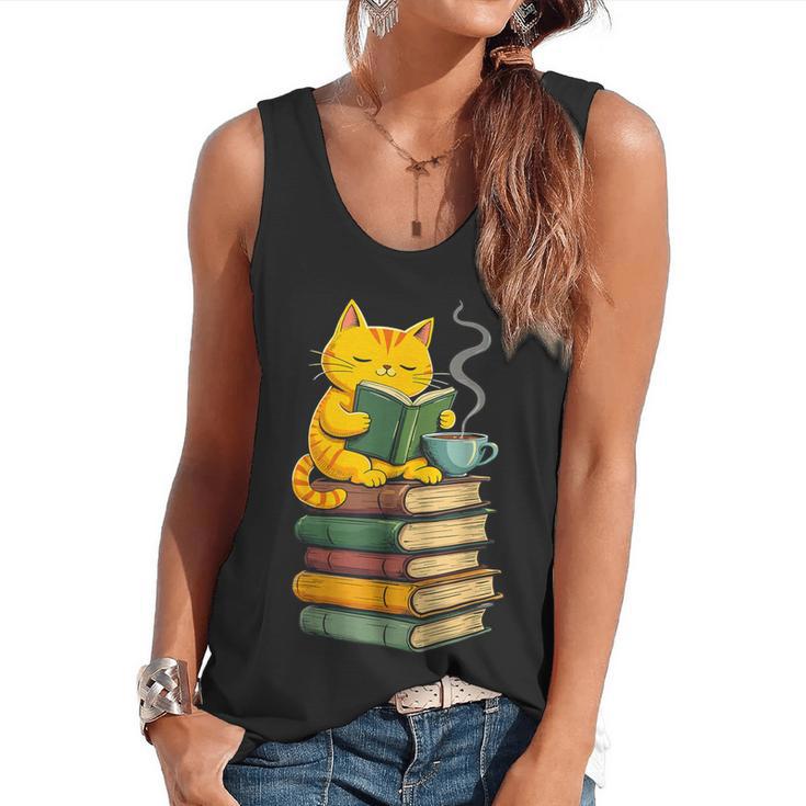 Kawaii Cats Lover Coffee Books Teacher Librarian Cat Flowy Tank