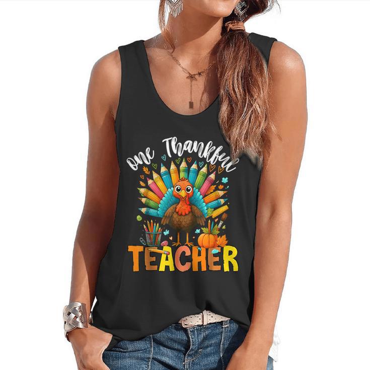 One Thankful Teacher Thanksgiving Turkey Cute Crayon Pencil Flowy Tank