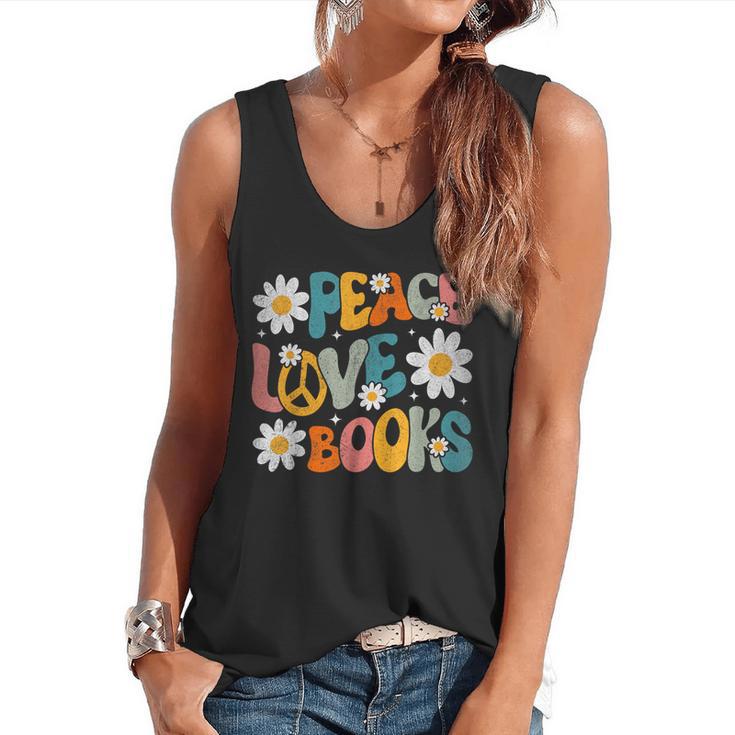 Peace Love Books Bookworm Librarian Reading Teacher Groovy Flowy Tank