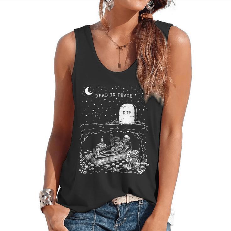Read In Peace Skeleton Halloween Book Reading Spooky Teacher Flowy Tank