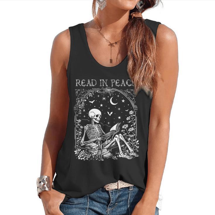 Read In Peace Skeleton Reading Teacher Spooky Halloween Flowy Tank