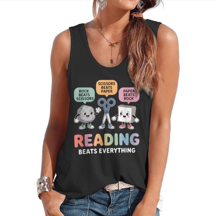 Reading Beats Everything Teacher Rock Paper Scissors Flowy Tank